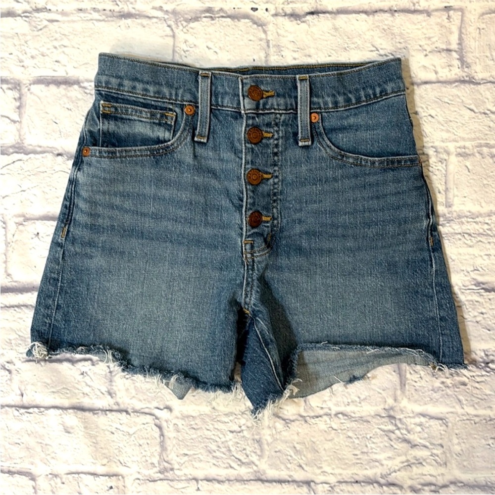 Madewell High Rise Denim Jean Shorts Button Fly Cut Off Hems Blue Denim Size 24